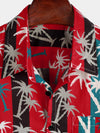 Men's Red Striped Palm Tree Print Collared Cotton Pocket Short Sleeve Hawaiian Shirt