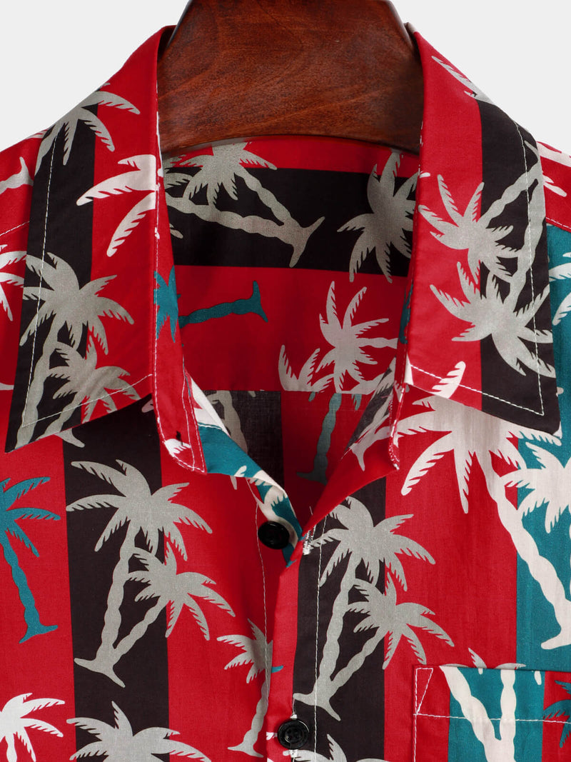 Men's Red Striped Palm Tree Print Collared Cotton Pocket Short Sleeve Hawaiian Shirt