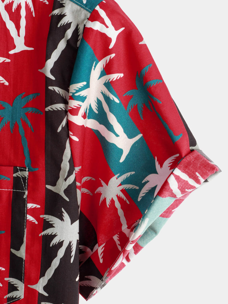 Men's Red Striped Palm Tree Print Collared Cotton Pocket Short Sleeve Hawaiian Shirt