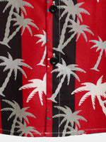Men's Red Striped Palm Tree Print Collared Cotton Pocket Short Sleeve Hawaiian Shirt