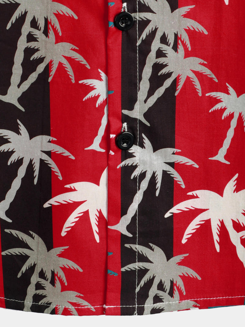 Men's Red Striped Palm Tree Print Collared Cotton Pocket Short Sleeve Hawaiian Shirt