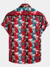 Men's Red Striped Palm Tree Print Collared Cotton Pocket Short Sleeve Hawaiian Shirt