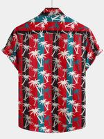 Men's Red Striped Palm Tree Print Collared Cotton Pocket Short Sleeve Hawaiian Shirt