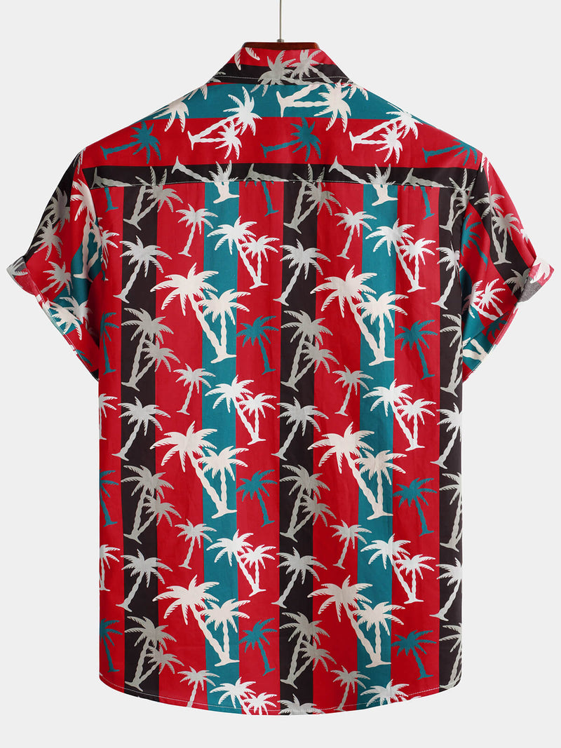 Men's Red Striped Palm Tree Print Collared Cotton Pocket Short Sleeve Hawaiian Shirt