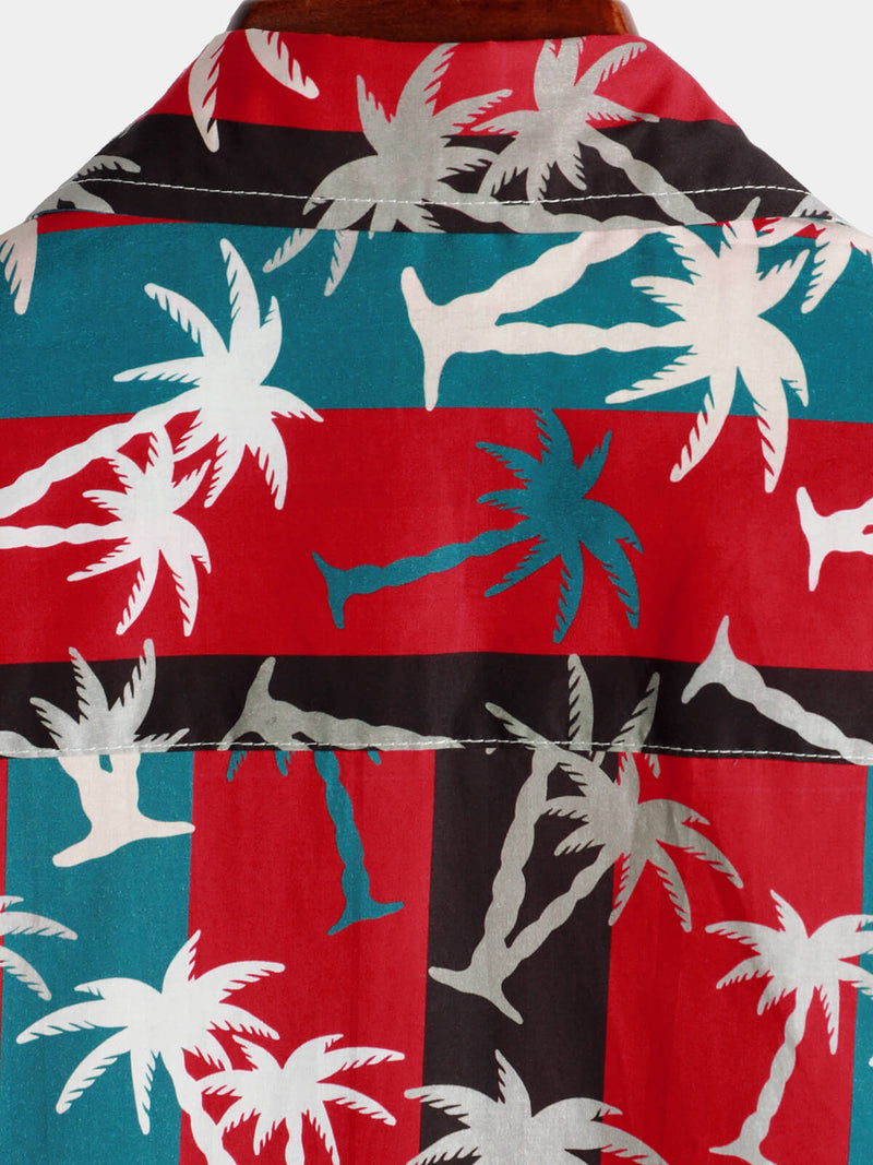 Men's Red Striped Palm Tree Print Collared Cotton Pocket Short Sleeve Hawaiian Shirt