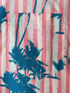 Men's Pink Striped Palm Tree Print Cotton Pocket Summer Short Sleeve Camp Collared Shirt