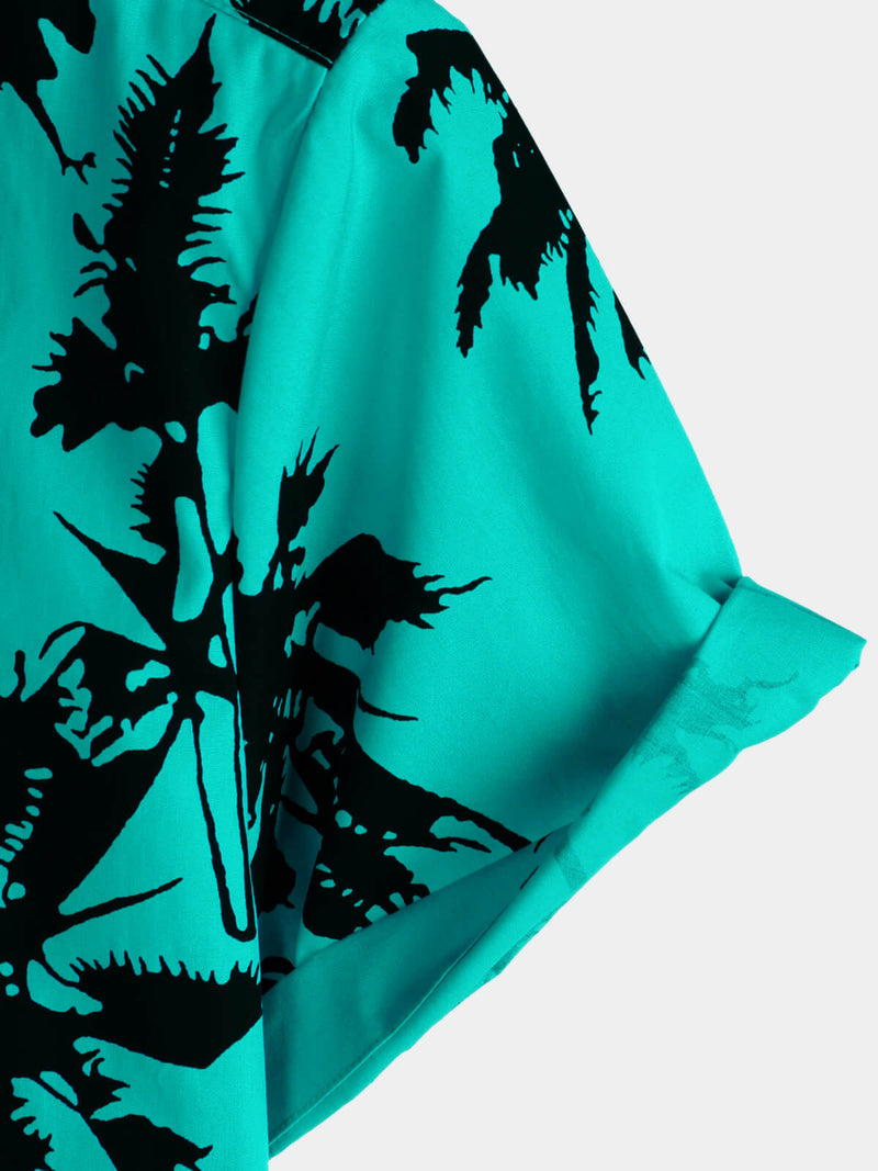 Men's 100% Cotton Palm Tree Print Summer Beach Hawaiian Short Sleeve Shirt