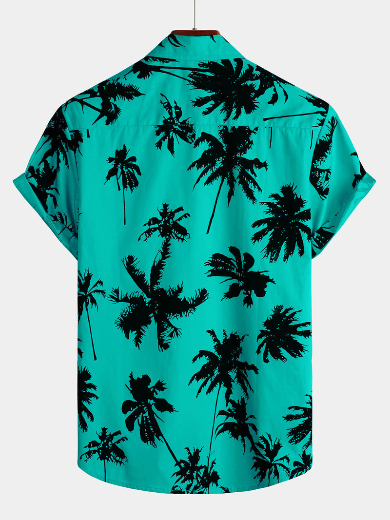 Men's 100% Cotton Palm Tree Print Summer Beach Hawaiian Short Sleeve Shirt