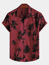 Men's Palm Tree Print Cotton Burgundy Beach Short Sleeve Collared Shirt