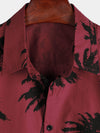 Men's Palm Tree Print Cotton Burgundy Beach Short Sleeve Collared Shirt