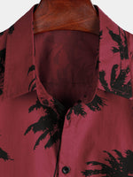 Men's Palm Tree Print Cotton Burgundy Beach Short Sleeve Collared Shirt