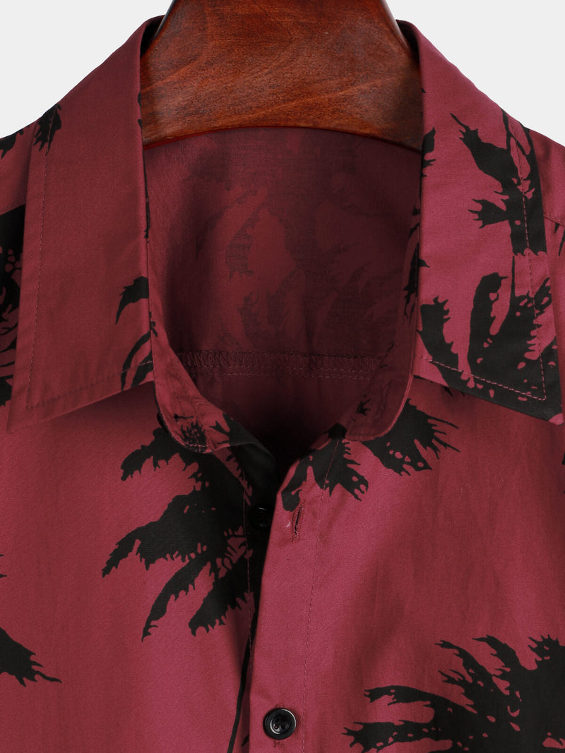 Men's Palm Tree Print Cotton Burgundy Beach Short Sleeve Collared Shirt
