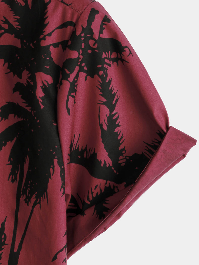 Men's Palm Tree Print Cotton Burgundy Beach Short Sleeve Collared Shirt