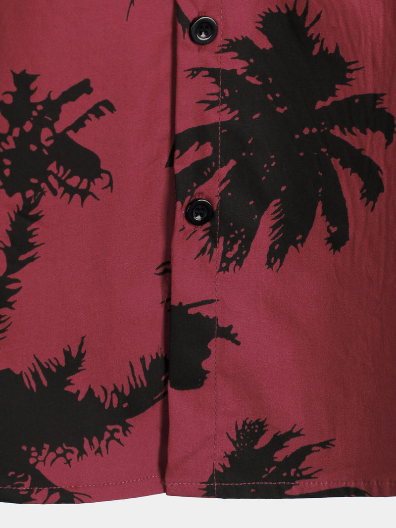 Men's Palm Tree Print Cotton Burgundy Beach Short Sleeve Collared Shirt
