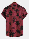 Men's Palm Tree Print Cotton Burgundy Beach Short Sleeve Collared Shirt