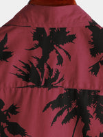 Men's Palm Tree Print Cotton Burgundy Beach Short Sleeve Collared Shirt