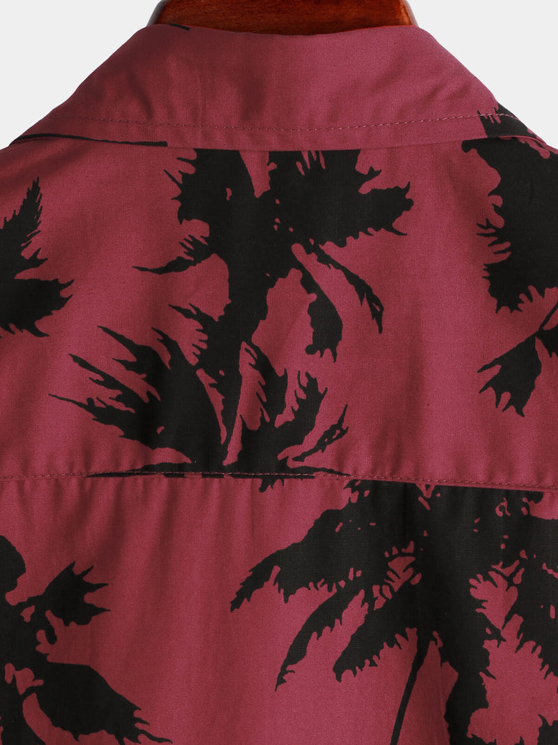 Men's Palm Tree Print Cotton Burgundy Beach Short Sleeve Collared Shirt