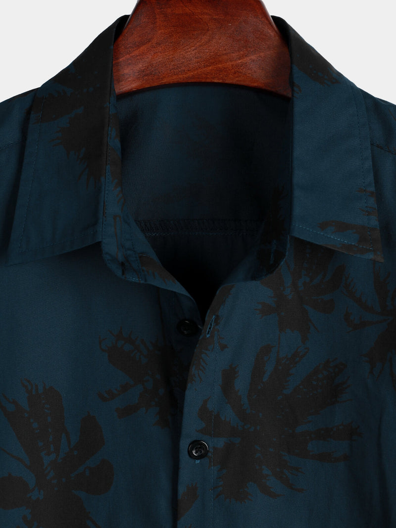 Men's Palm Tree Print 100% Cotton Navy Blue Short Sleeve Hawaiian Collared Shirt