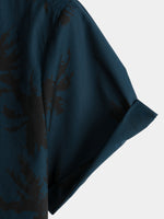 Men's Palm Tree Print 100% Cotton Navy Blue Short Sleeve Hawaiian Collared Shirt