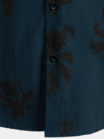 Men's Palm Tree Print 100% Cotton Navy Blue Short Sleeve Hawaiian Collared Shirt