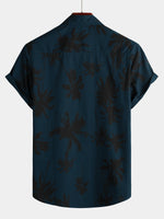 Men's Palm Tree Print 100% Cotton Navy Blue Short Sleeve Hawaiian Collared Shirt