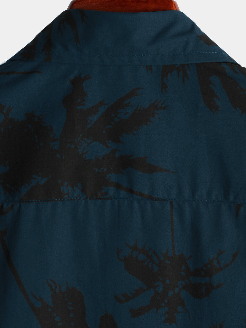 Men's Palm Tree Print 100% Cotton Navy Blue Short Sleeve Hawaiian Collared Shirt