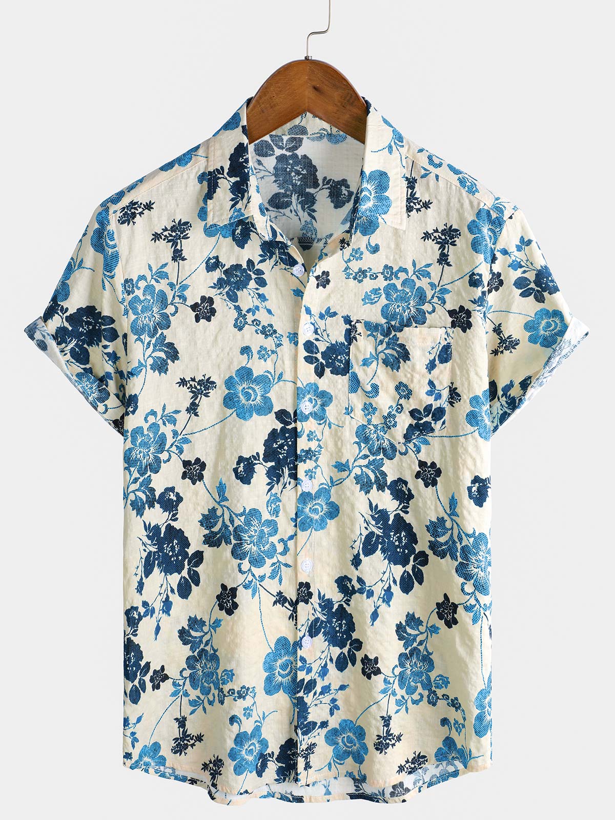 Men's Hawaiian Floral Print Short-Sleeve Pocket Shirt