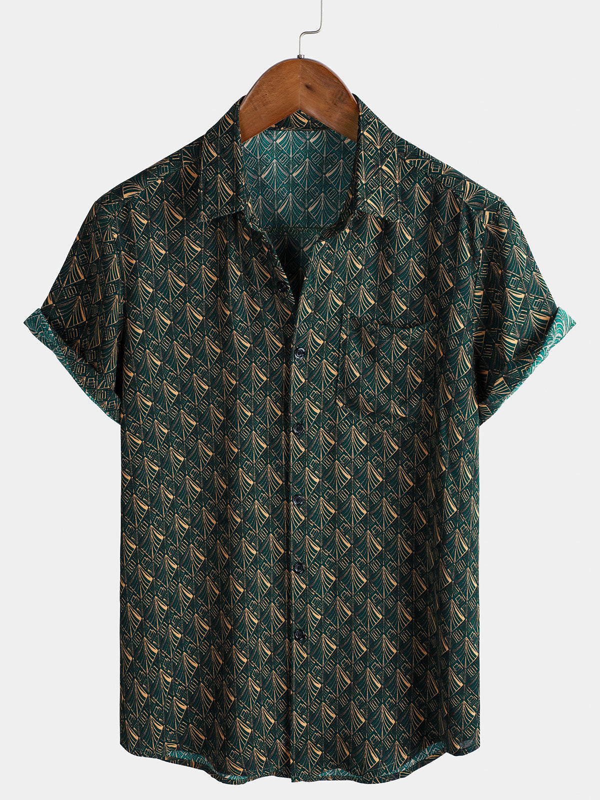 Men's Retro Geometric Print Pocket Short Sleeve Holiday Shirt