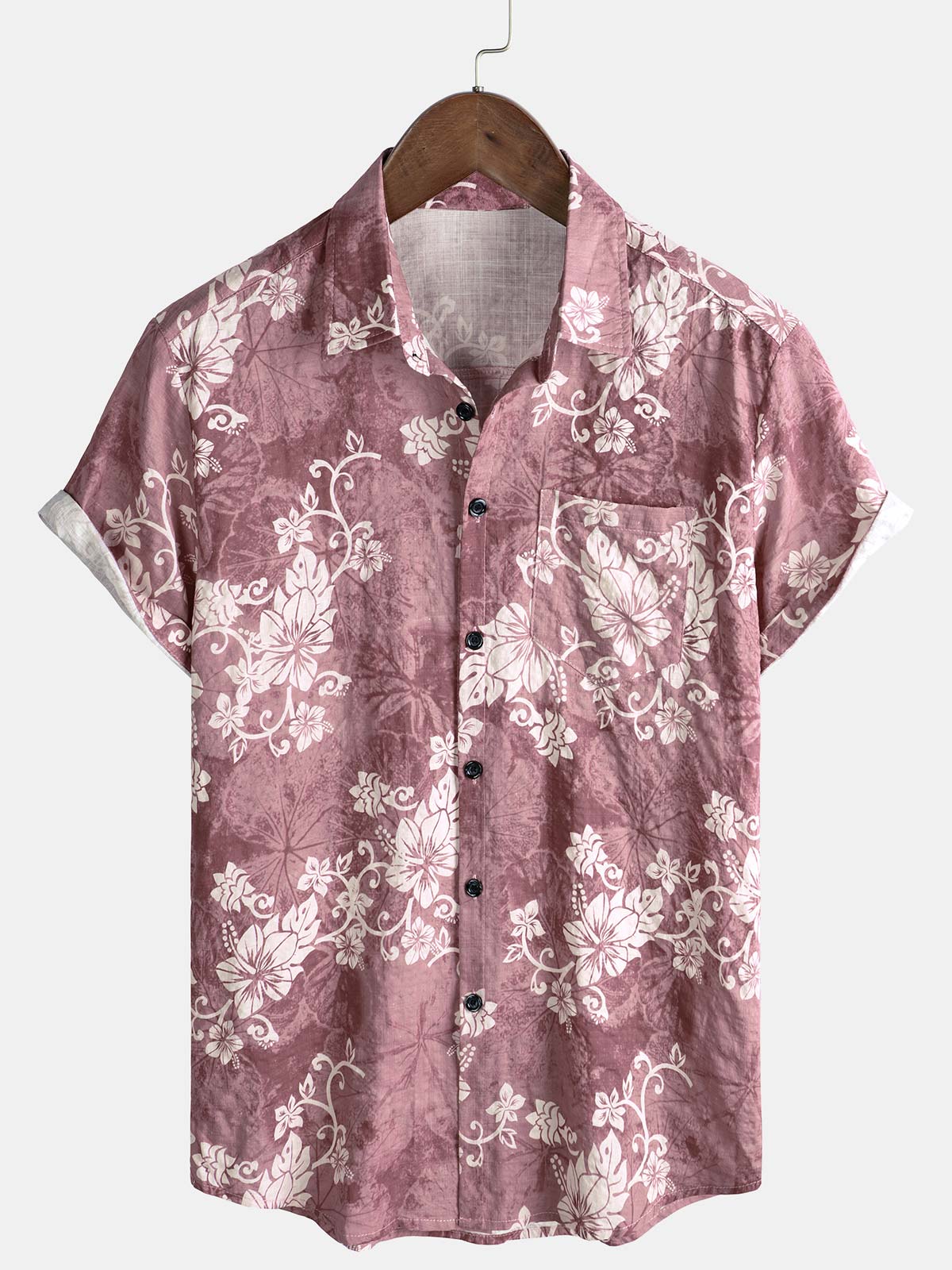 Men's Holiday Pink Floral Print Short Sleeve Pocket Shirt