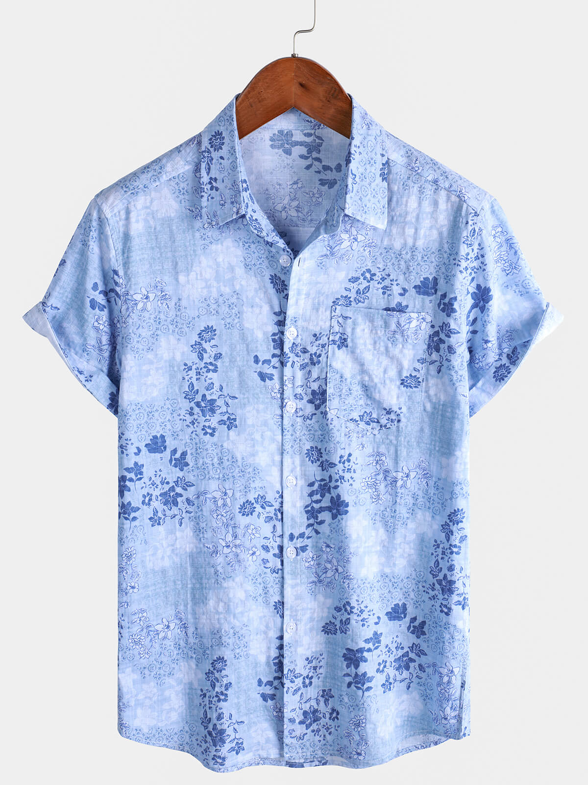 Men's Blue Floral Print Retro Short Sleeve Shirt