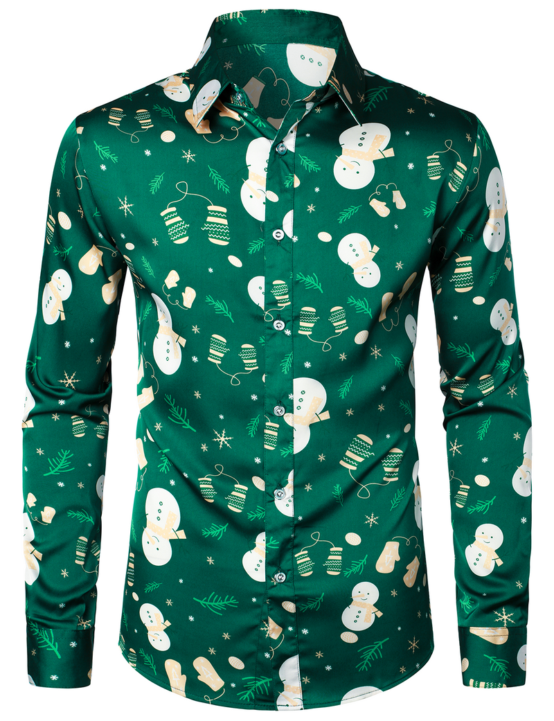 Men's Christmas Snowman Print Xmas Party Holiday Button Up Long Sleeve Shirt