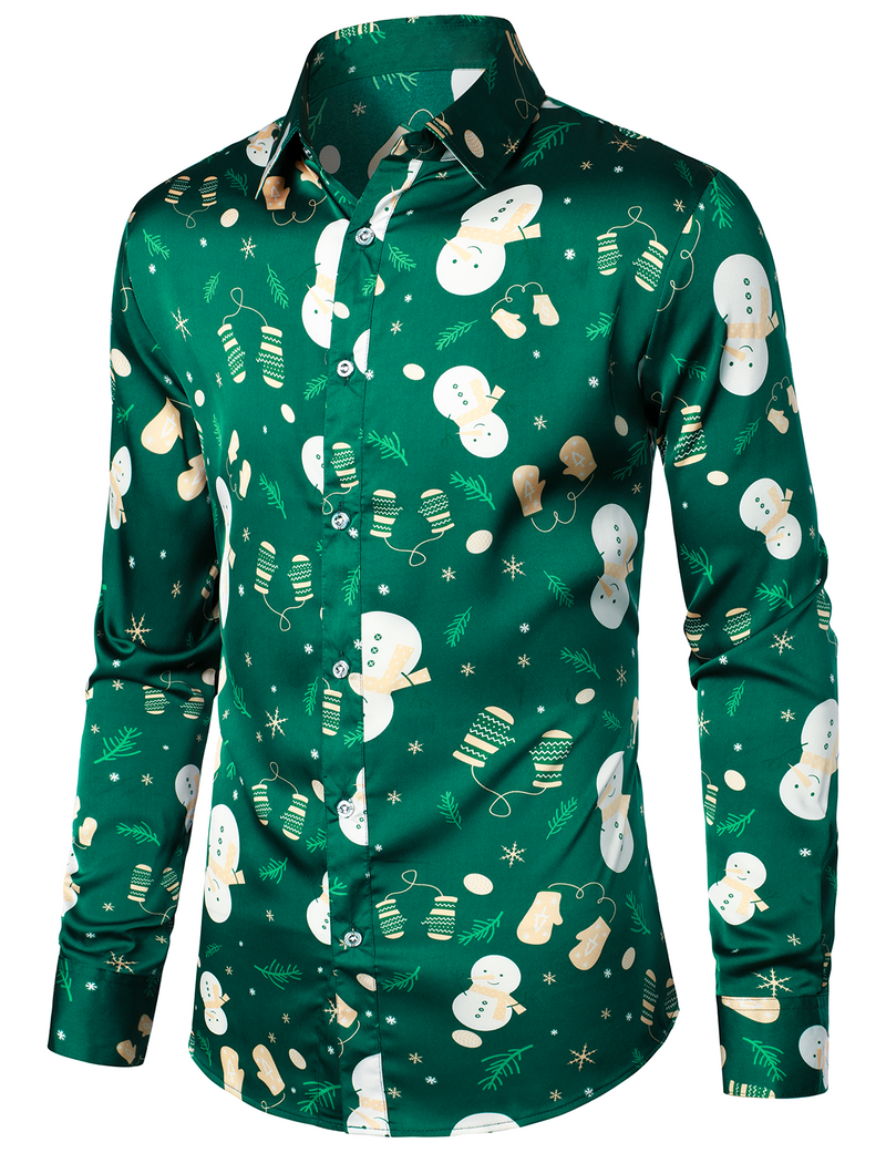 Men's Christmas Snowman Print Xmas Party Holiday Button Up Long Sleeve Shirt