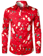 Men's Christmas Snowman Print Xmas Party Holiday Button Up Long Sleeve Shirt