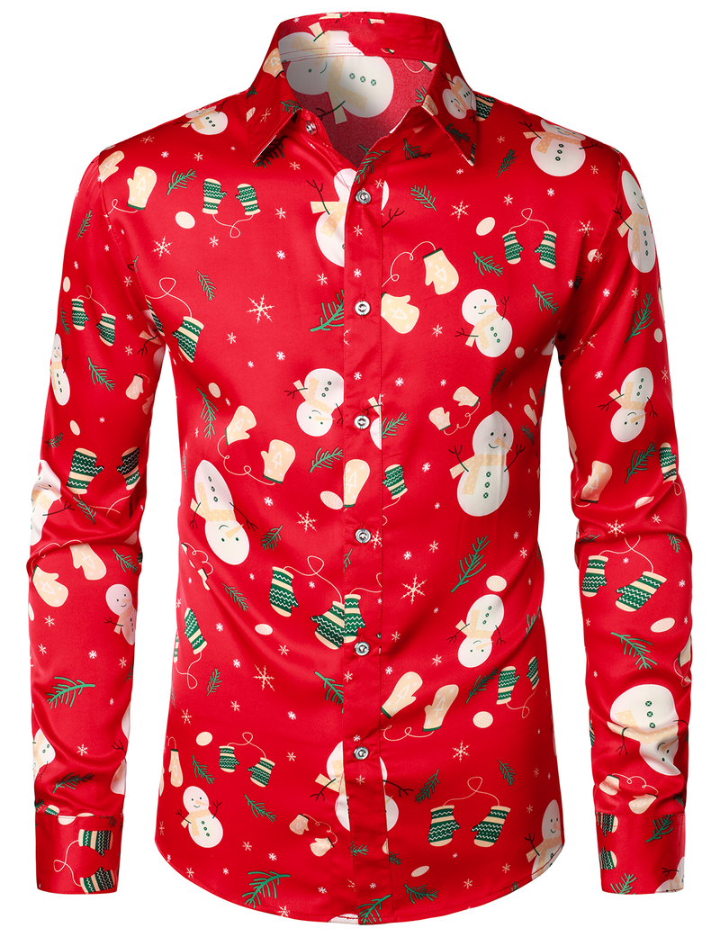 Men's Christmas Snowman Print Xmas Party Holiday Button Up Long Sleeve Shirt