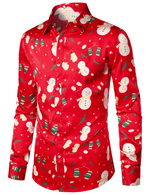 Men's Christmas Snowman Print Xmas Party Holiday Button Up Long Sleeve Shirt