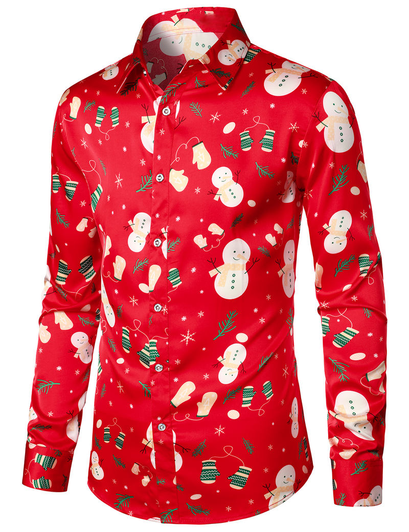 Men's Christmas Snowman Print Xmas Party Holiday Button Up Long Sleeve Shirt