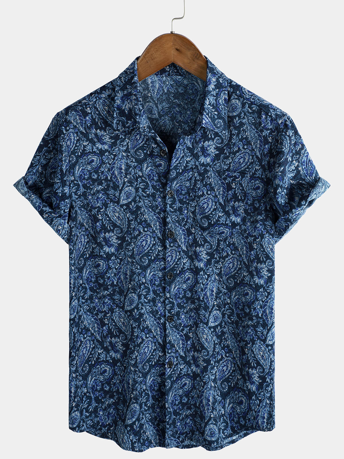 Men's Blue Paisley Print Pocket Short Sleeve Shirt