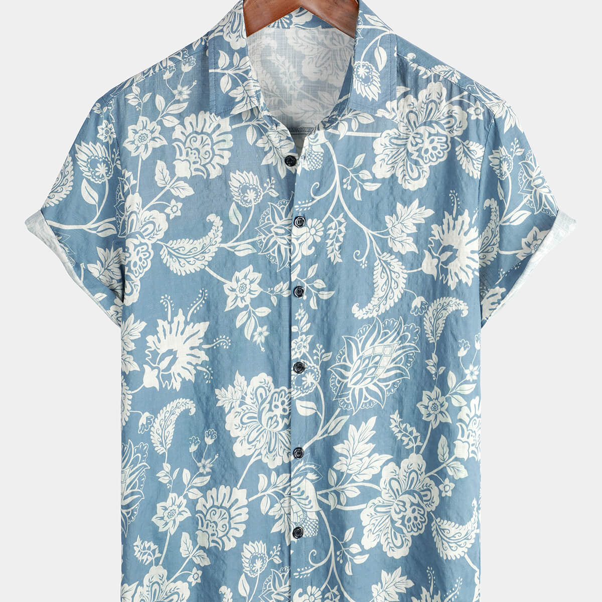 Men's Blue Floral Hawaiian Short Sleeve Button Up Summer Shirt
