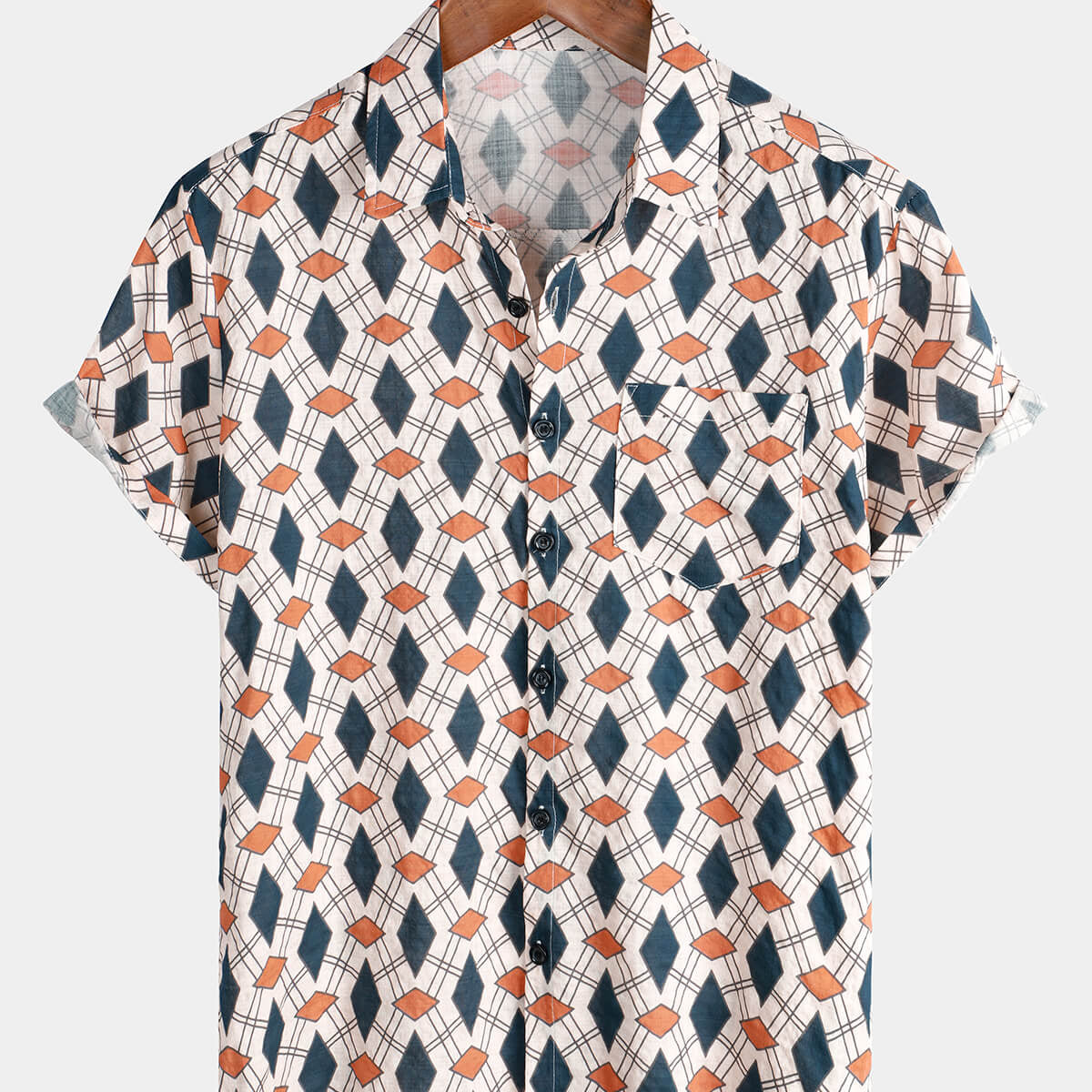 Men's Cotton Short Sleeve Art Geometric Cool Button Up Summer Shirt
