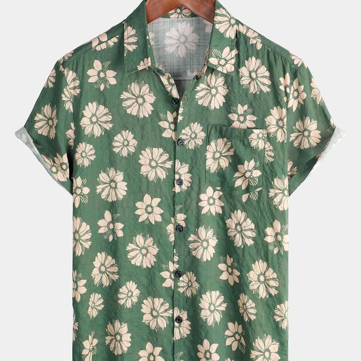 Men's Green Floral Hawaiian Short Sleeve Button Holiday Summer Shirt