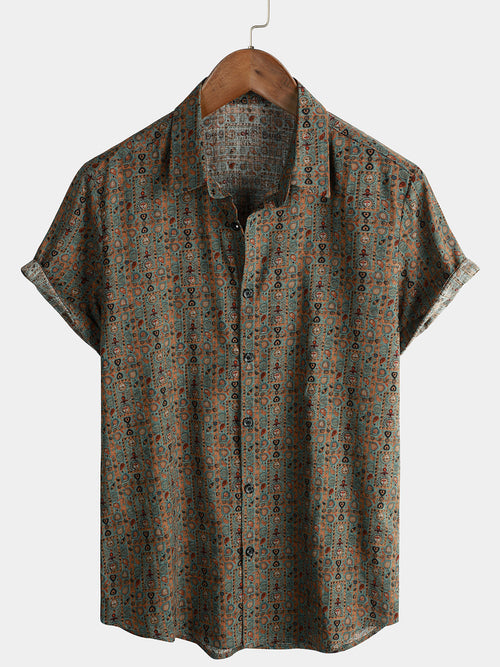 Bundle Of 3 |Men's Vintage Paisley Print 70s Green Boho Retro Tribal Short Sleeve Shirts