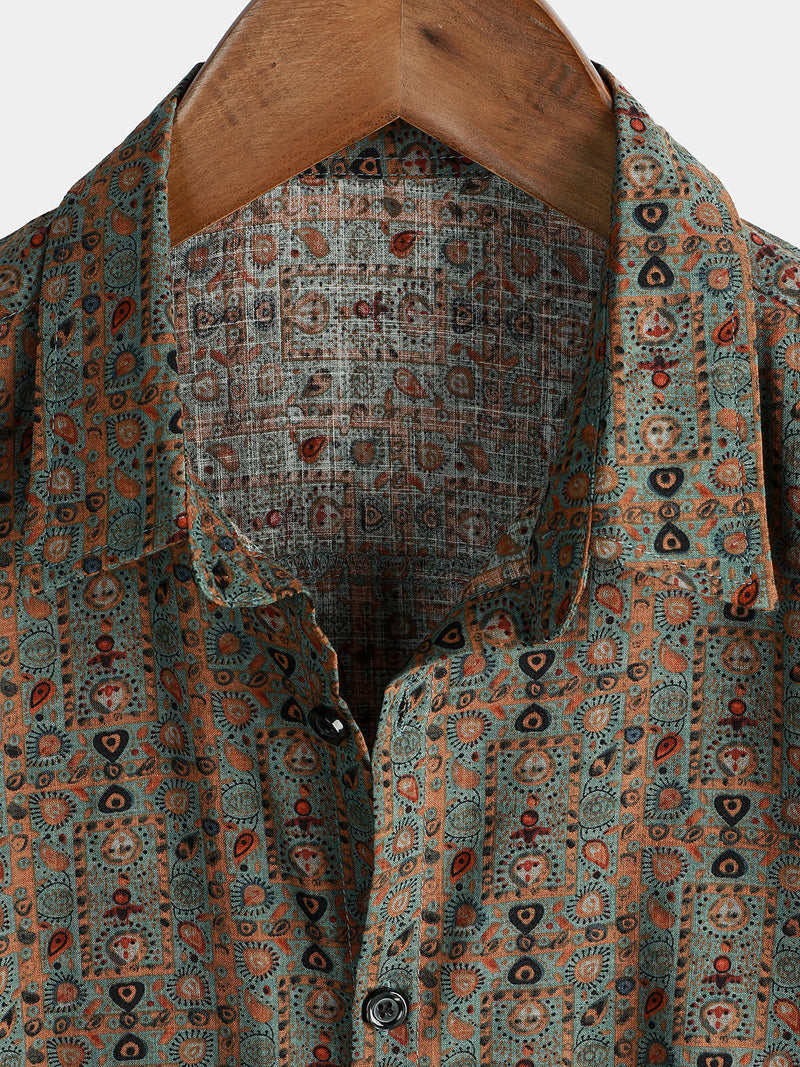 Bundle Of 3 |Men's Vintage Paisley Print 70s Green Boho Retro Tribal Short Sleeve Shirts