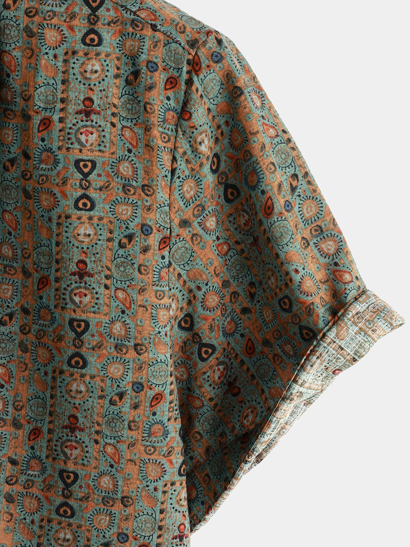 Bundle Of 3 |Men's Vintage Paisley Print 70s Green Boho Retro Tribal Short Sleeve Shirts