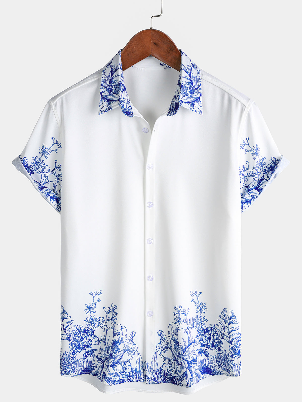 Men’s White & Blue Botanical Casual Short Sleeve Shirt