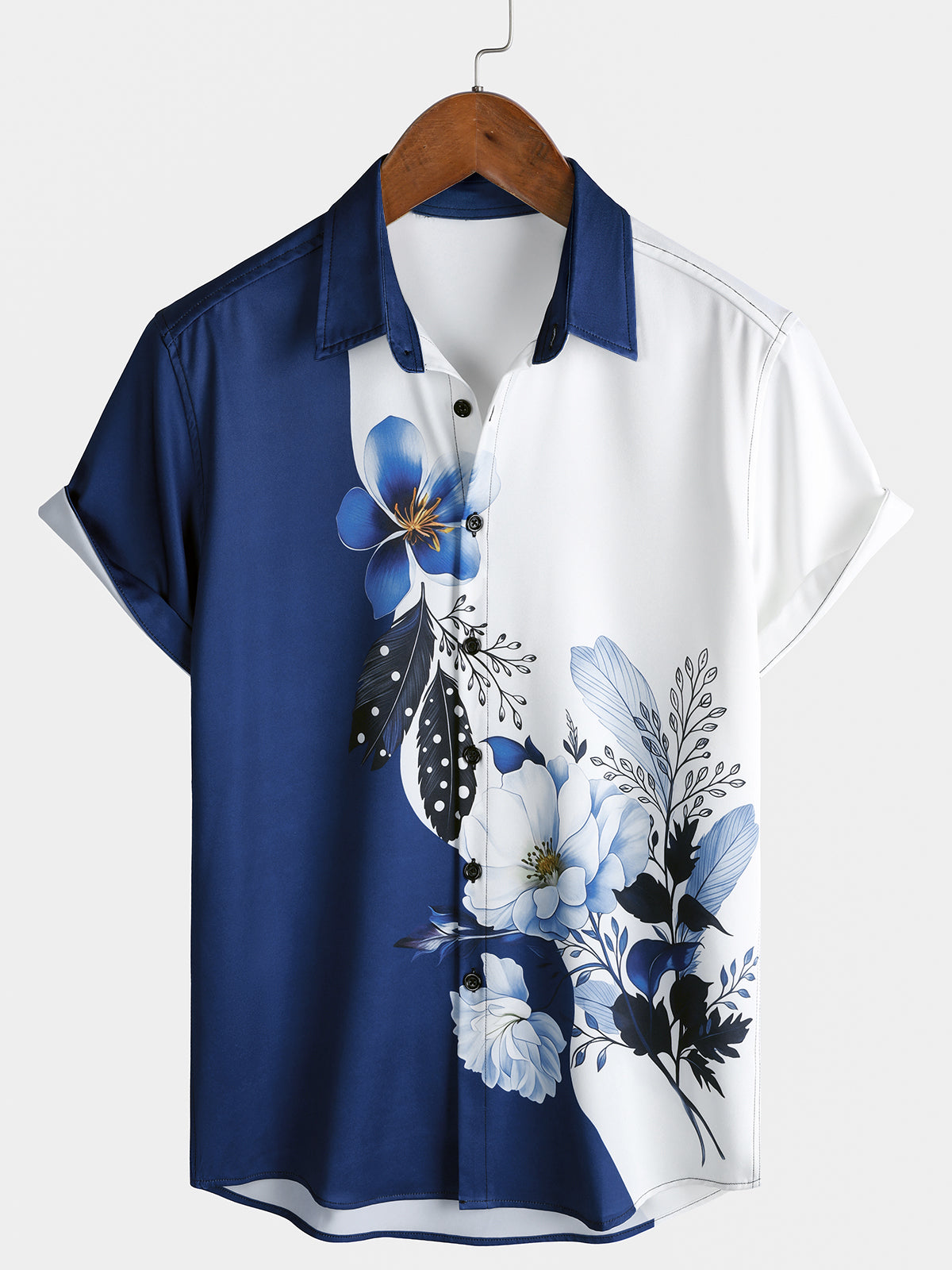 Men's Navy & White Botanical Color-Block Casual Shirt