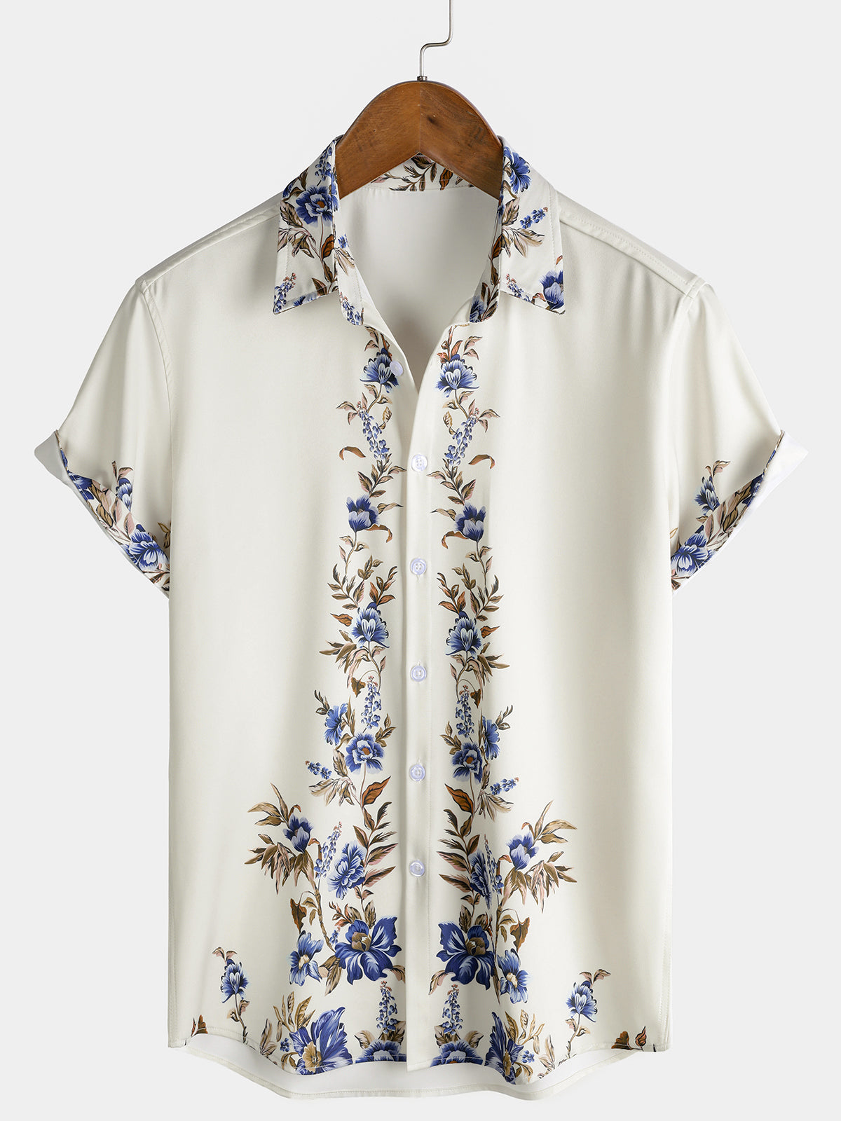 Men’s Cream with Blue Floral Vine Casual Summer Short Sleeve Shirt