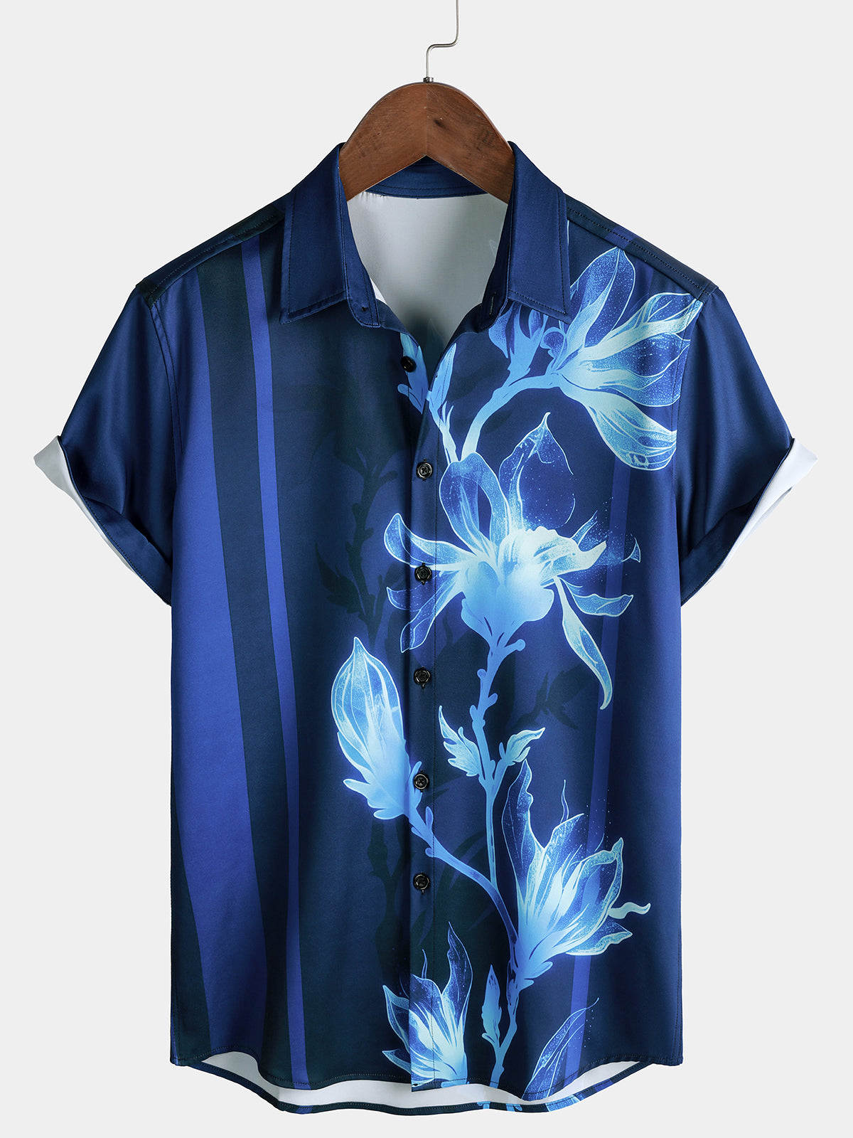 Men’s Navy Blue Floral Print Casual Short Sleeve Shirt
