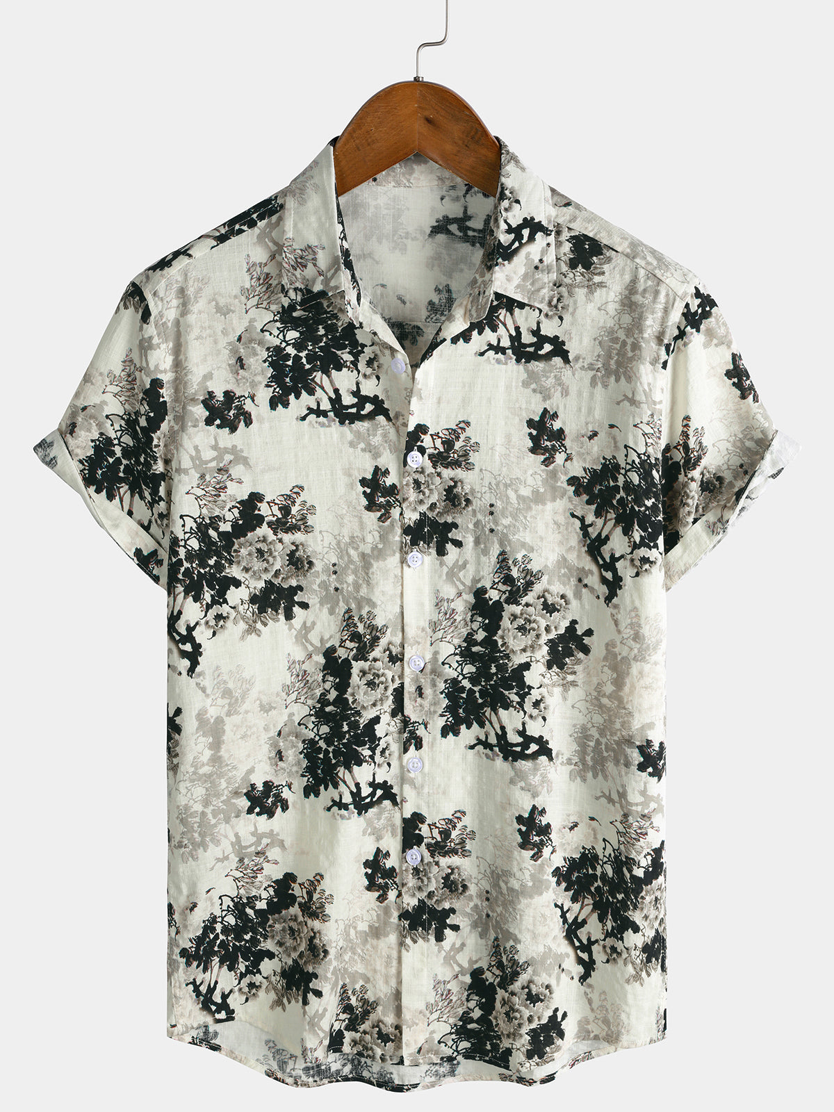 Men’s Beige Ink Wash Floral Print Casual Short Sleeve Shirt