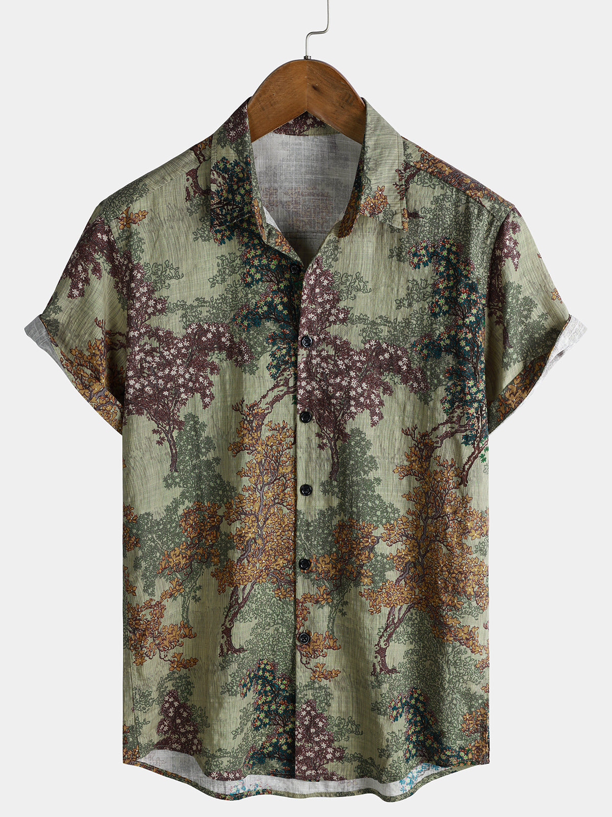 Men’s Green Vintage Woodland Print Casual Short Sleeve Shirt
