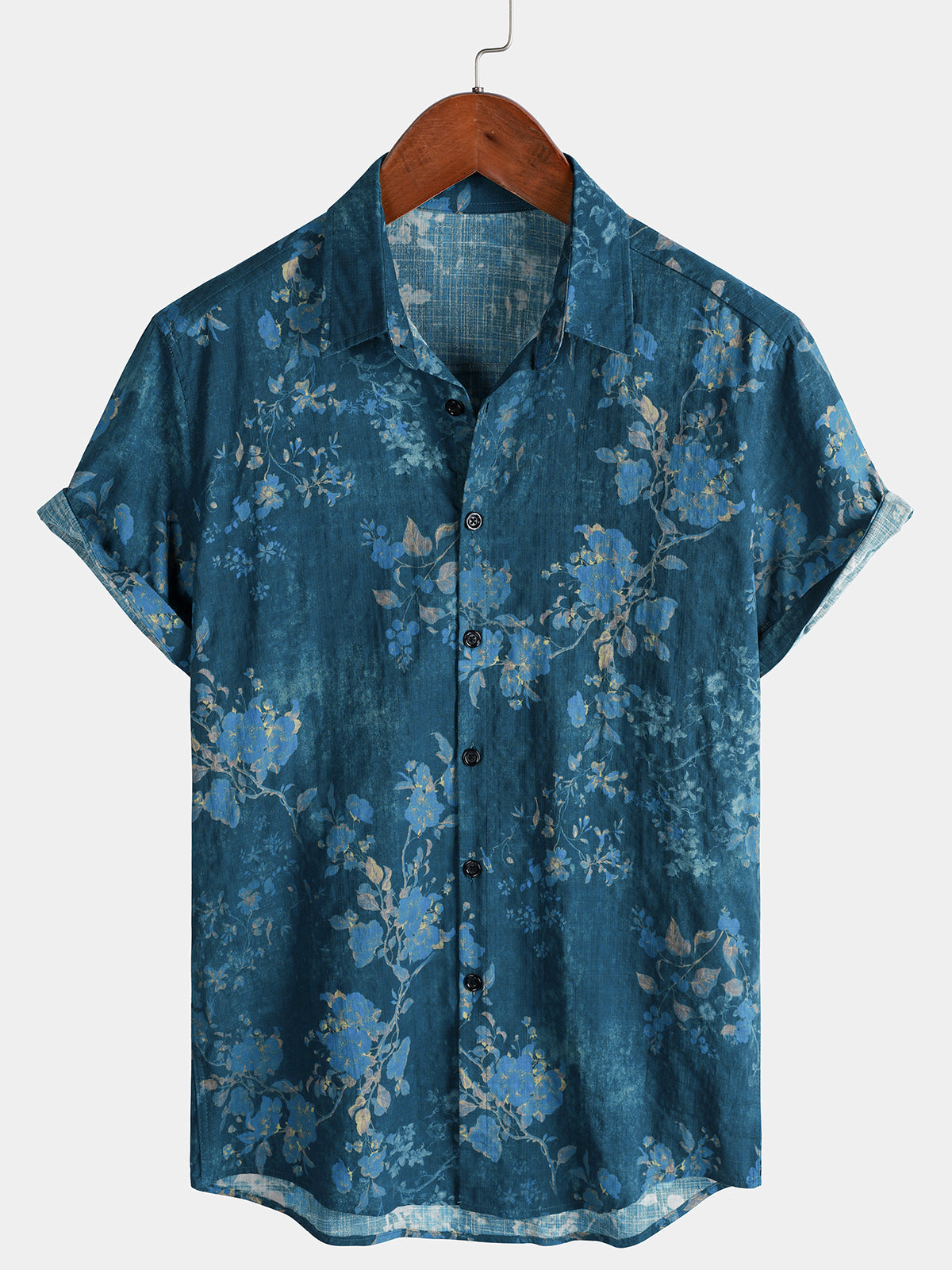 Men’s Blue Watercolor Floral Print Casual Short Sleeve Shirt